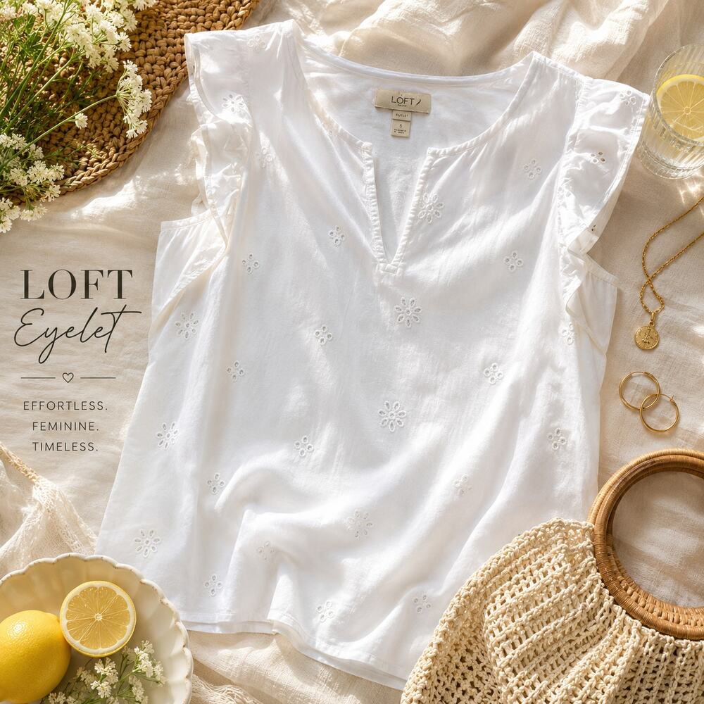 Title: LOFT White Eyelet Flutter Sleeve Blouse Small Cottagecore Boho Summer Top